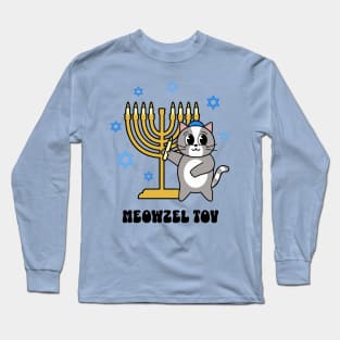 Meowzel Tov Funny Hanukkah Cat with Menorah Long Sleeve T-Shirt